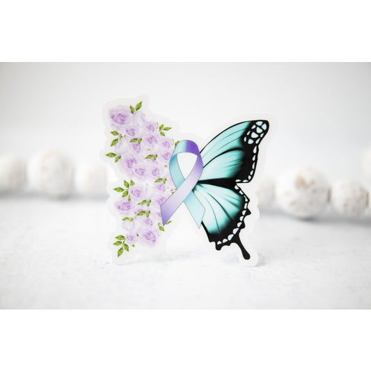 Teal Purple Awareness Butterfly, Clear Vinyl Sticker, 3x3 in