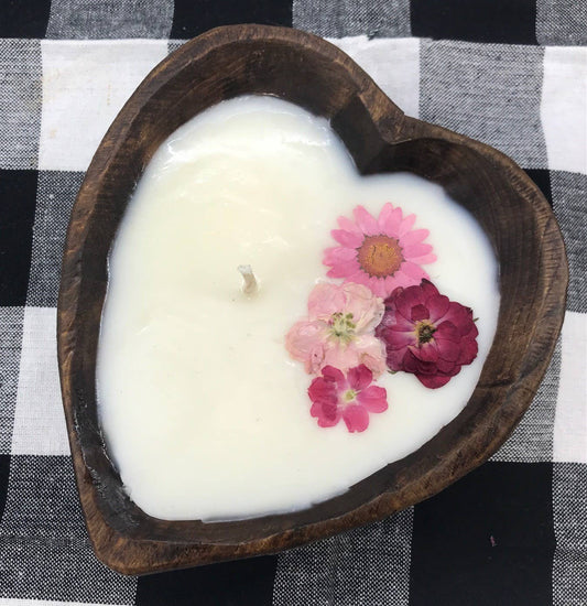 Heart shaped dough bowl soy candle with flowers