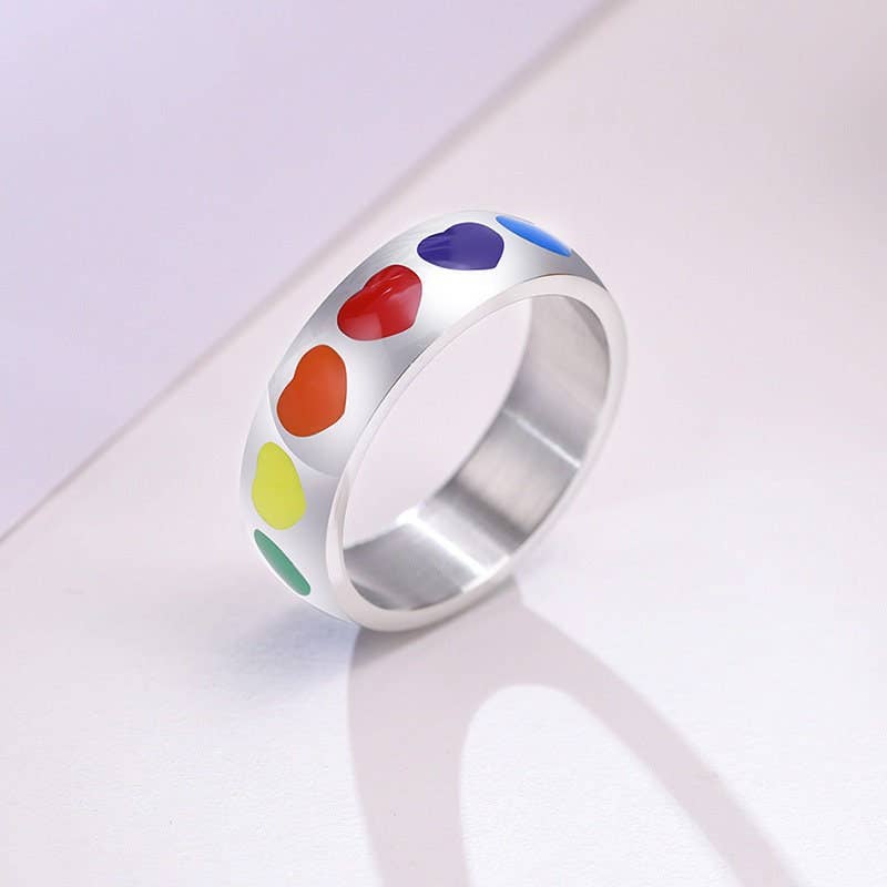 Rainbow Heart LGBTQ Pride Couple Ring in Stainless Steel