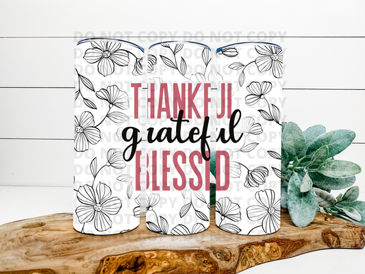 Thankful Grateful Blessed Floral Stainless Steel Tumbler