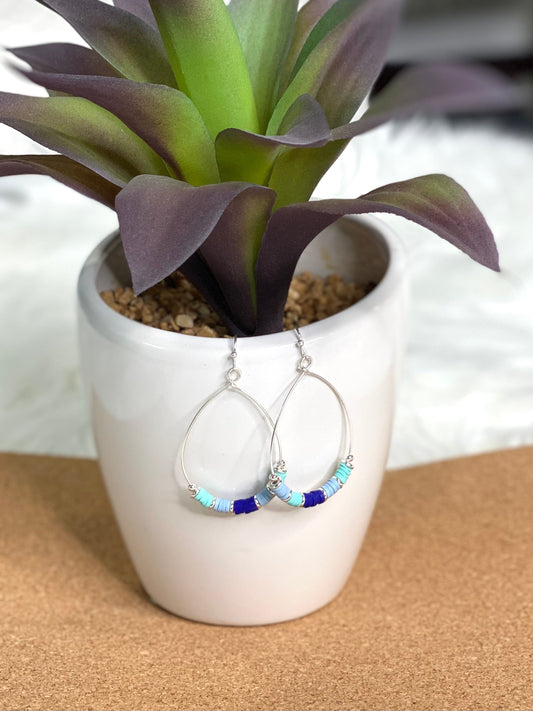 Blue and Teal Heishi Hoop earrings in Silver