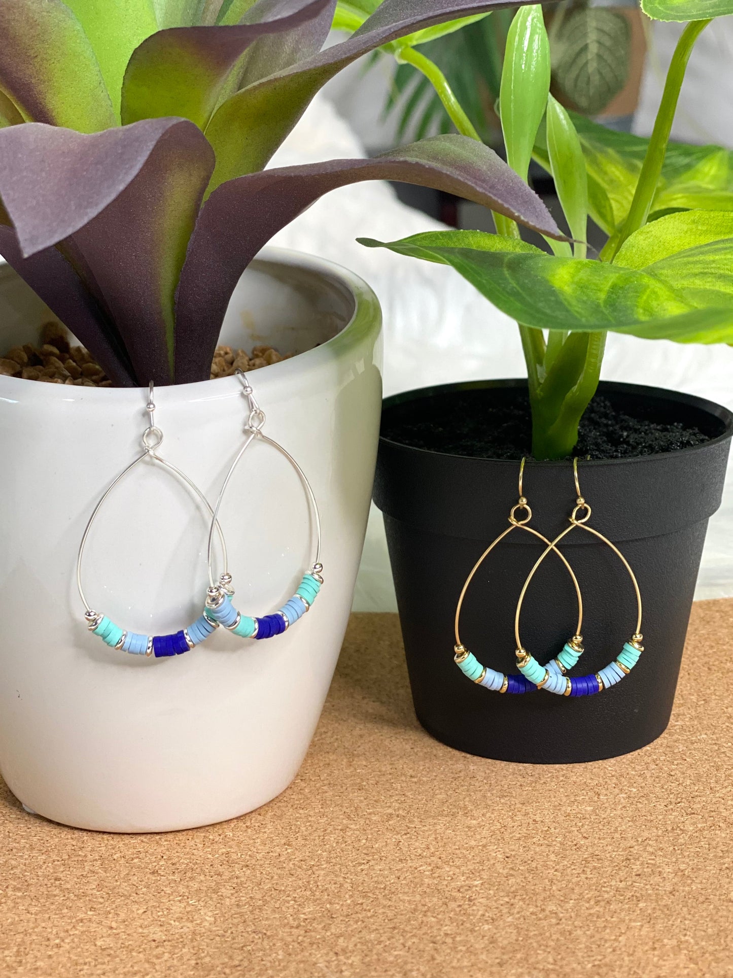 Blue and Teal Heishi Hoop earrings in Gold