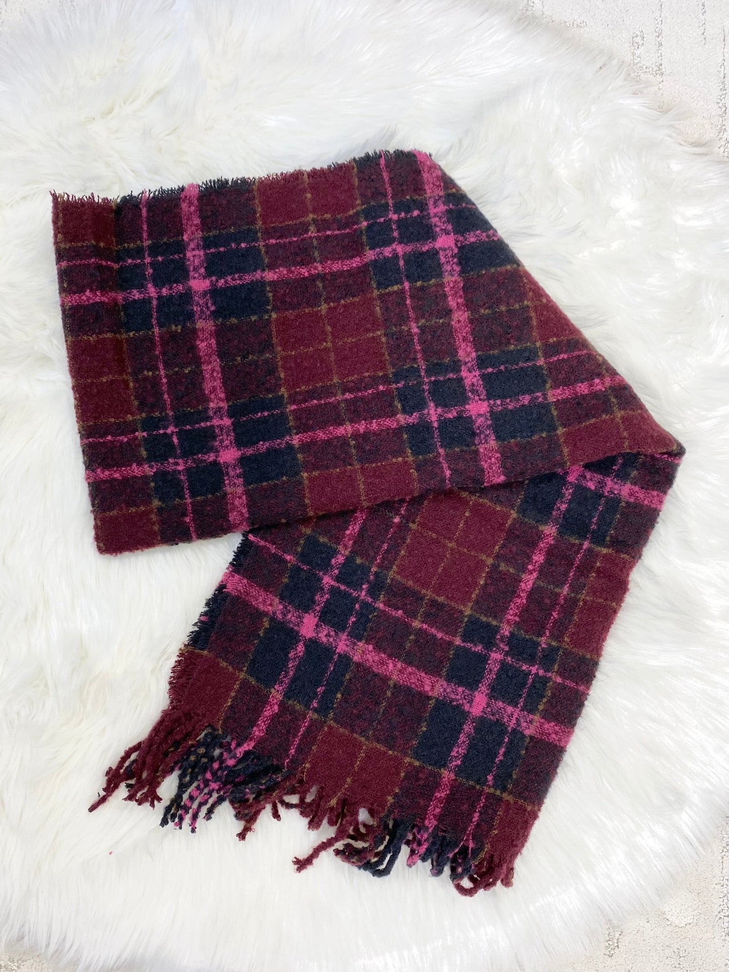 Long Plaid Scarf - Pink, maroon, navy/black