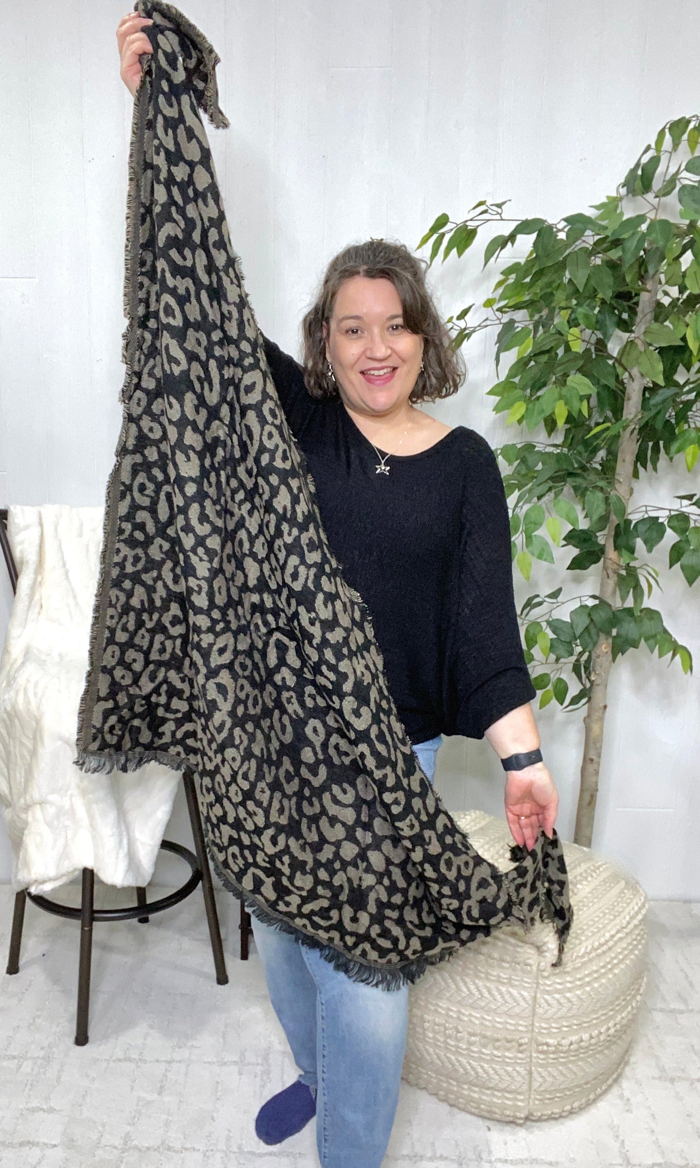 Black and Taupe Leopard Print Blanket Scarf