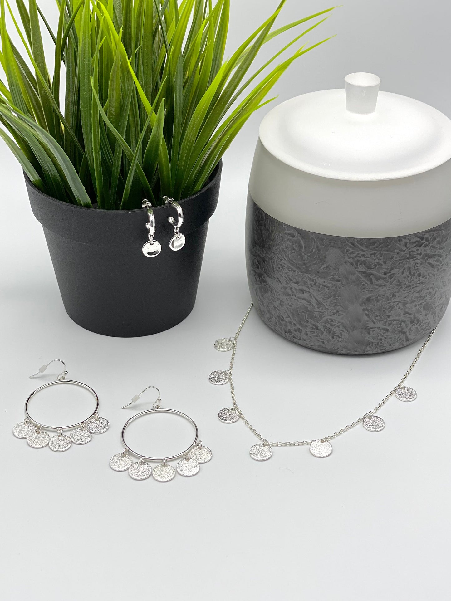 Silver Textured Coin Drop Necklace