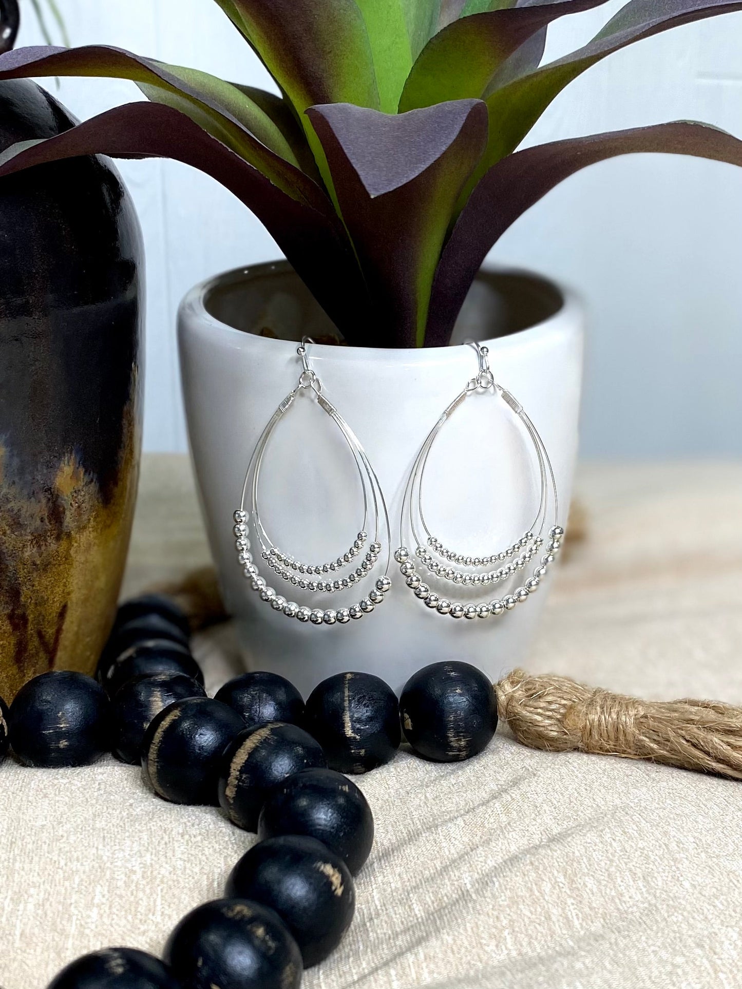 Silver Beaded Layered Teardrop Earrings