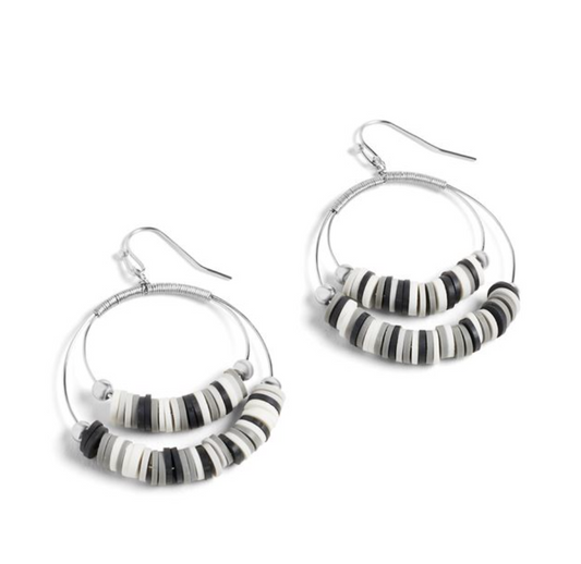 Black, white, silver Heishi Hoops