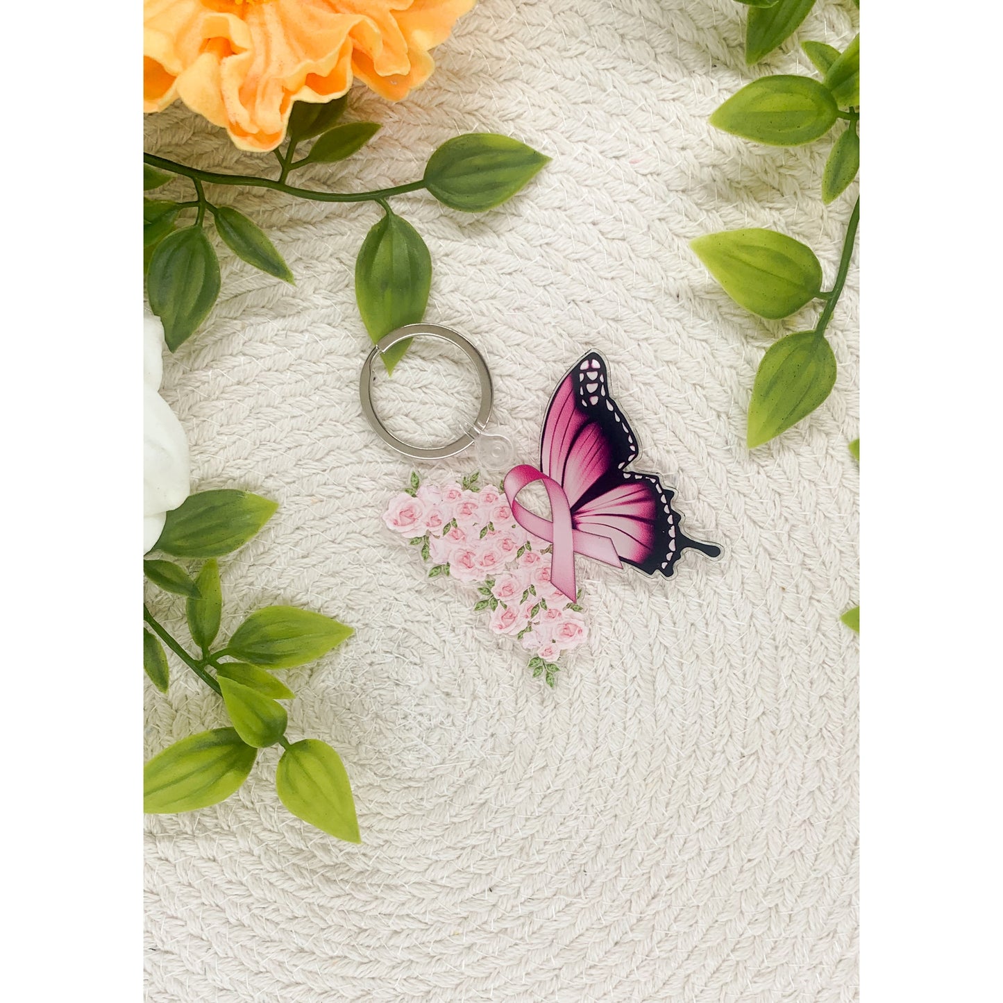 Breast Cancer Butterfly Acrylic Keychain, 2"