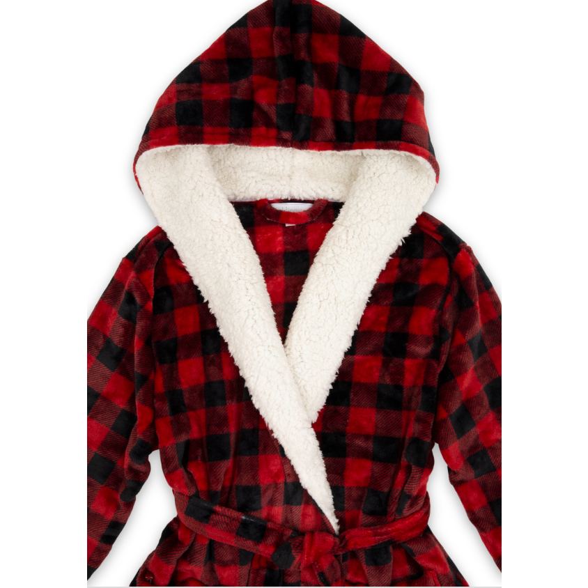 Women's Fluffy Plush Robe With Hood- Buffalo Plaid