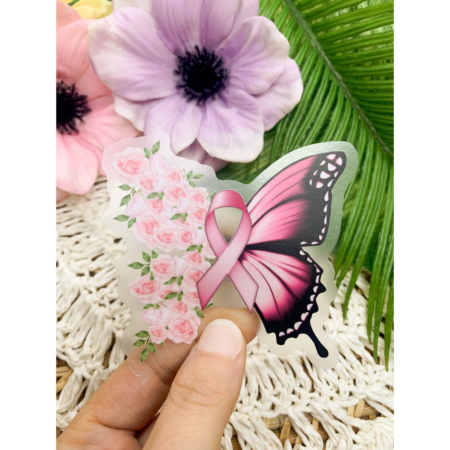 Breast Cancer Awareness Butterfly, Clear Vinyl Sticker, 3x3 in