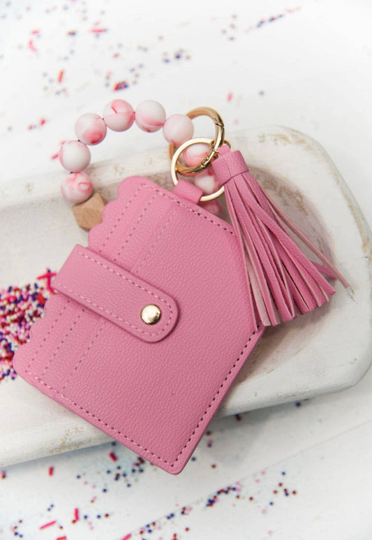 Pink Beaded Tassel Cardholder Keychain
