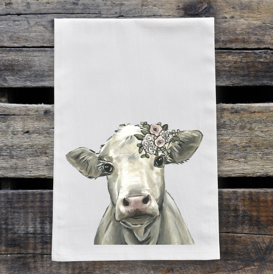 Cow Tea Towel, Cow 'Annabelle' Boho Flowers, Kitchen Decor