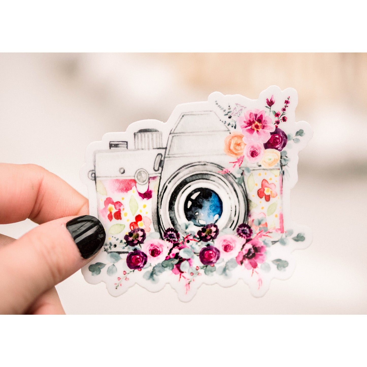 Floral Camera Vinyl Sticker, 3x3 in