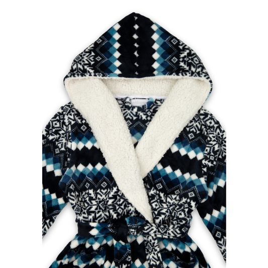 Women's Fluffy Plush Robe With Hood- Nordic Snowflake