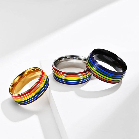 Rainbow LGBTQ Pride Stacked Band Ring in Stainless Steel