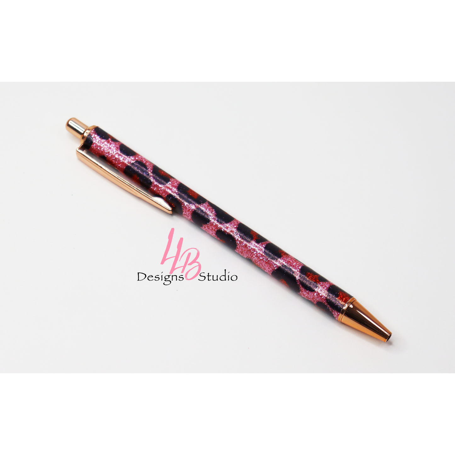 Stationery Pen | Pink Cheetah Glitter Clickable Pen | Black Ink |
