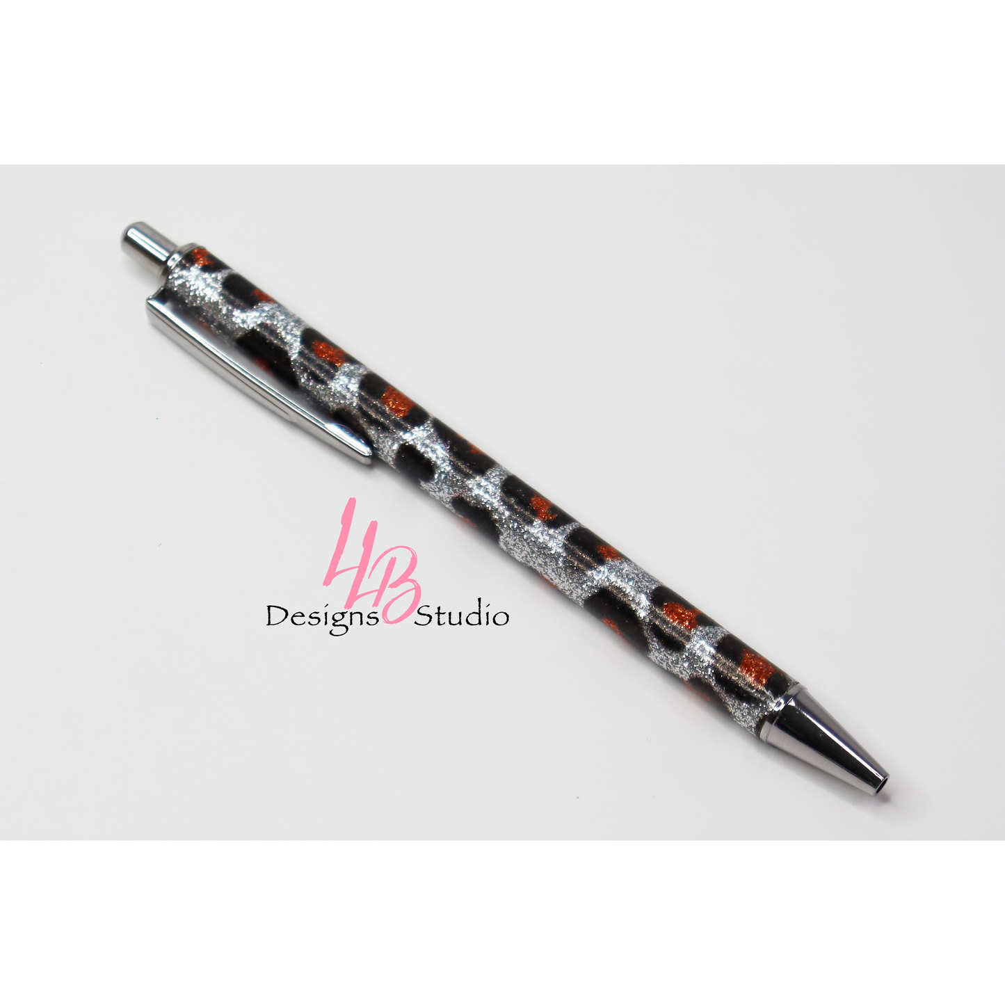 Stationery Pen | Silver Cheetah Glitter Clickable Pen | Black Ink |
