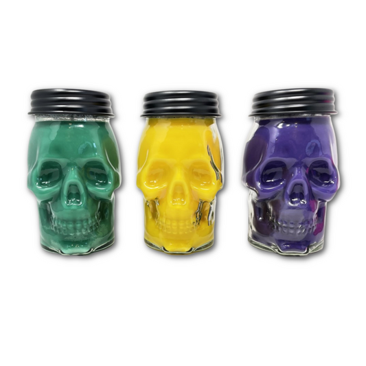 Mardi Gras Skull Candles in Specialty Jar with Glitter